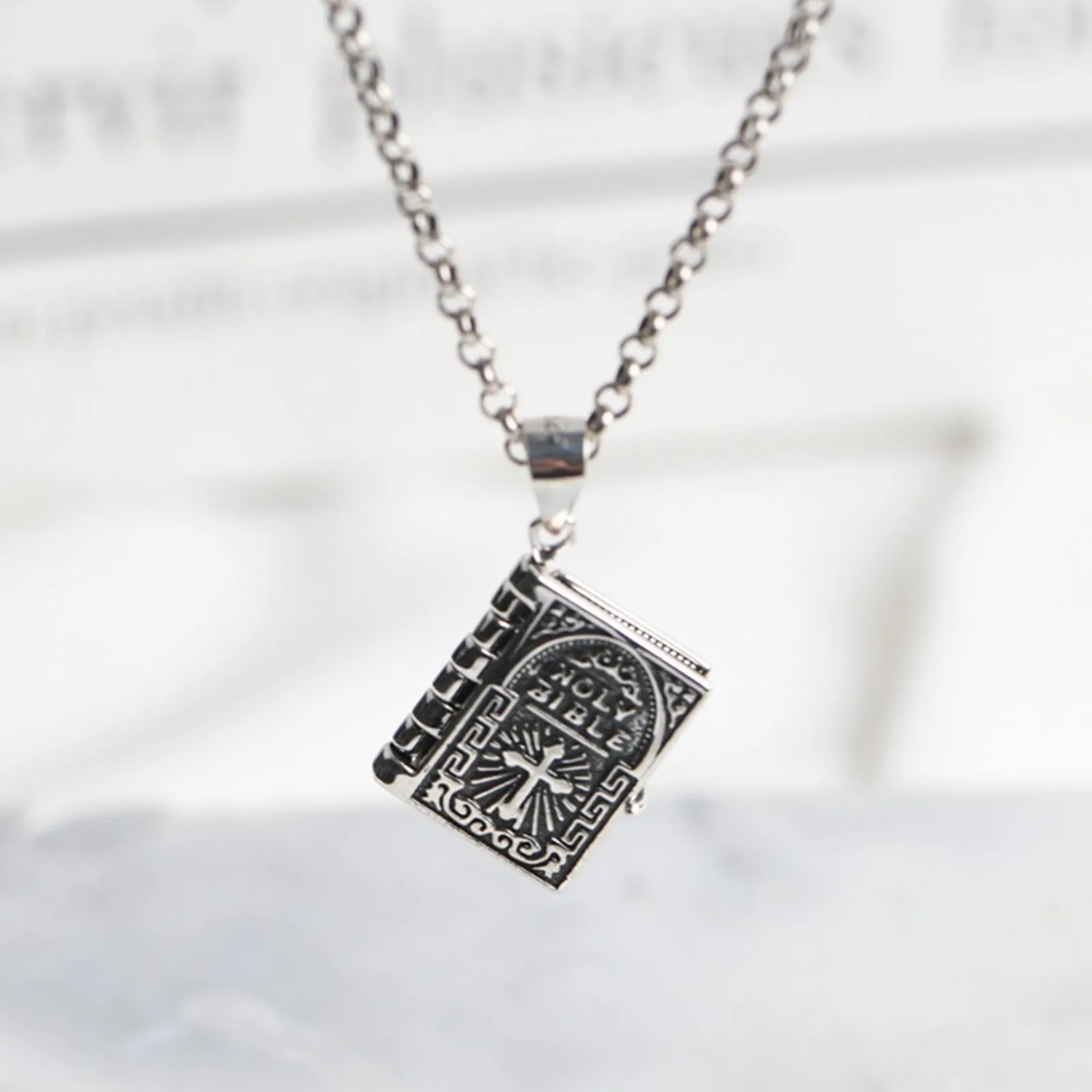 

The Holy Bible Sterling Silver Pendant 925 with Stainless Steel Chain Scripture Verse Necklace Retro Christian Religious Jewelry