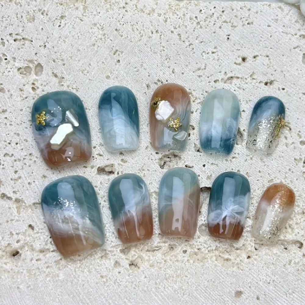 10pcs Handmade เล็บปลอมเคล็ดลับ Gradient Blue Design สั้นบัลเล่ต์กดบนเล็บ Art เงาผงเล็บปลอมชุดสวมใส่