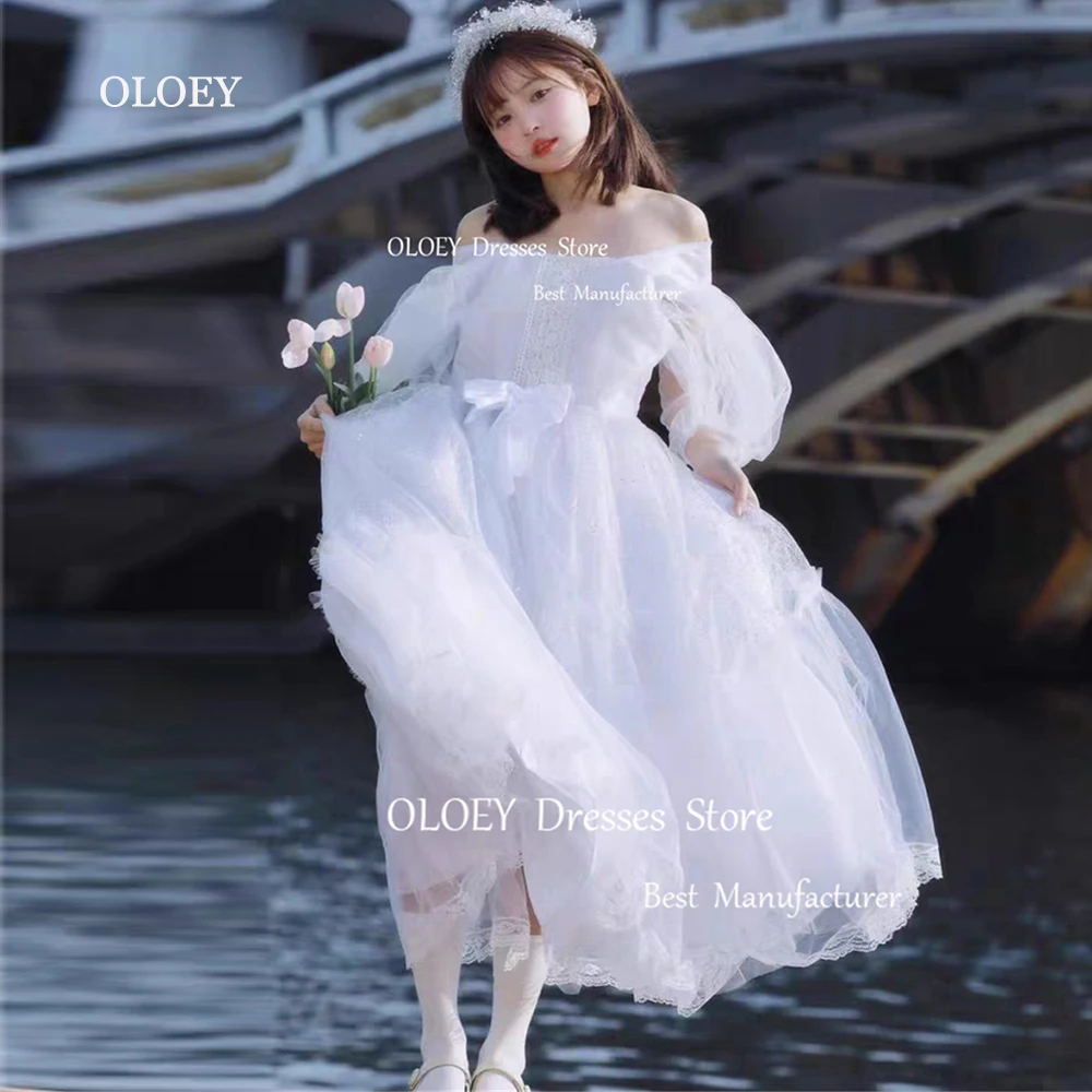 

OLOEY Simple Ivory Wedding Dresses Japan Photoshoot Silky Tulle Lace Bridal Gowns Off The Shoulder Puff Sleeves Party Dresses