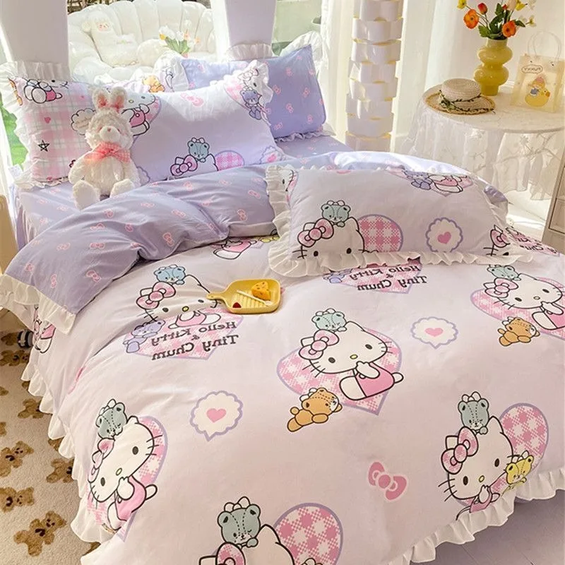 New Hello Kitty pure cotton bed sheet and quilt cover four-piece set autumn and winter warm dormitory children's three-piece set