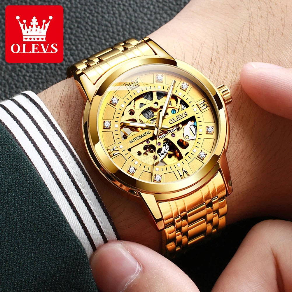 OLEVS Men\'s Watches Luxury Hollowing Mechanical Wristwatch Waterproof Luminous Stainless Steel Fashion Automatic Watch for Man