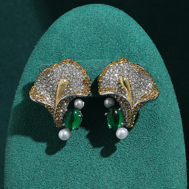 

Vintage Yellow Rhinestone Green Flower Stud Earring Silver Color High Designer Luxury Women For Mother's Day Charm Quality Gifts