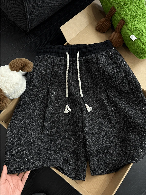 

Summer Thin Casual Men's orts Hotfix Rhinestones American Retro Knee-Length Five-Point Pants Loose Straight Leg Mid-Waist