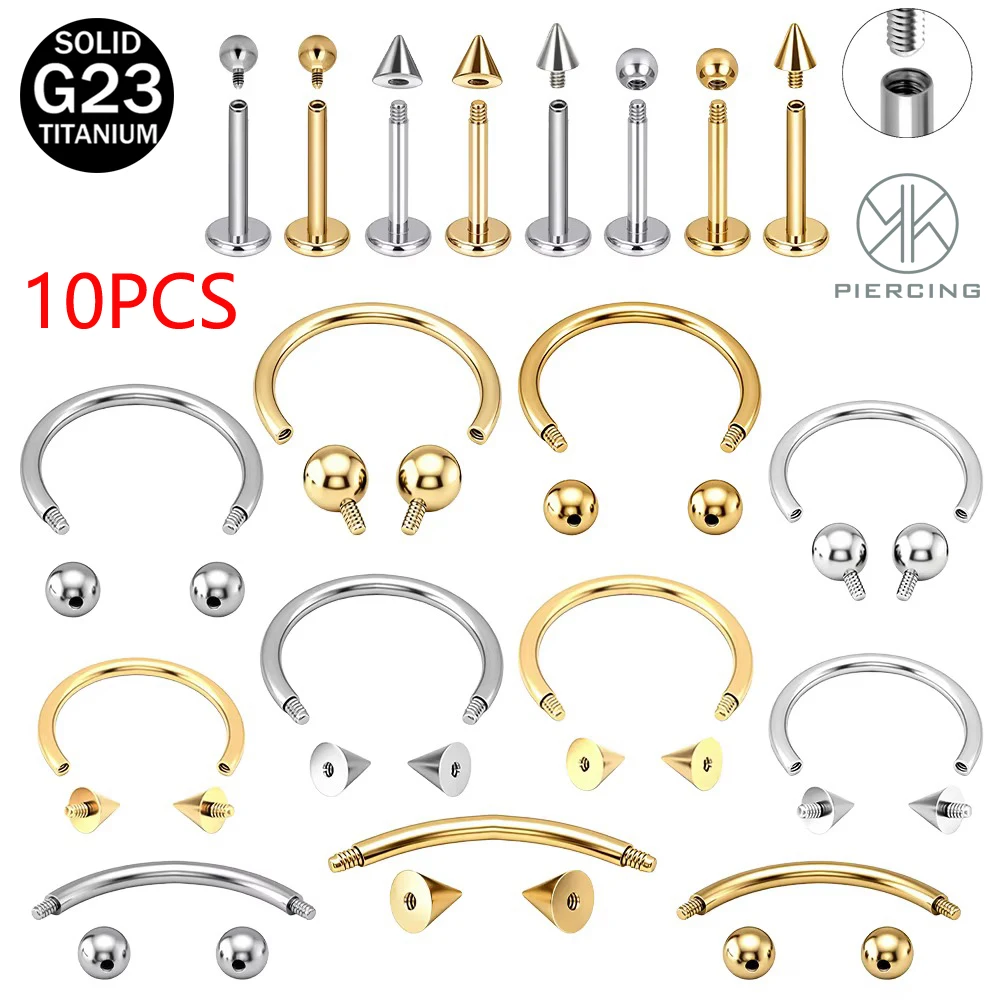 10PCS ASTM F136 Titanium Piercing Kit Basic Horseshoe Circular Barbell Flat Back Stud Spike Ball Eyebrow Lip Septum Body Jewelry