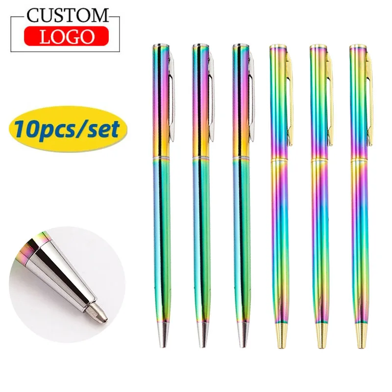 

10 шт., красочная металлическая шариковая ручка с логотипом, студенческая офисная ручка для подписи, индивидуальный логотип с рекламным подарочным шариковым ручкой.
