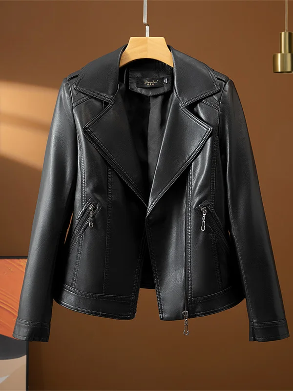   Ning 本革ジャケット レディース ショートスリーブ 2025 新作 シープスキン モーターサイクル ファッション スリムフィット ブラック アウターウェア