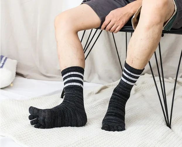 100% Cotton Men Five Finger Meias Support Dropship, Summer Contrast Striped Breathable Toe Socks Free Size Male Calcetines