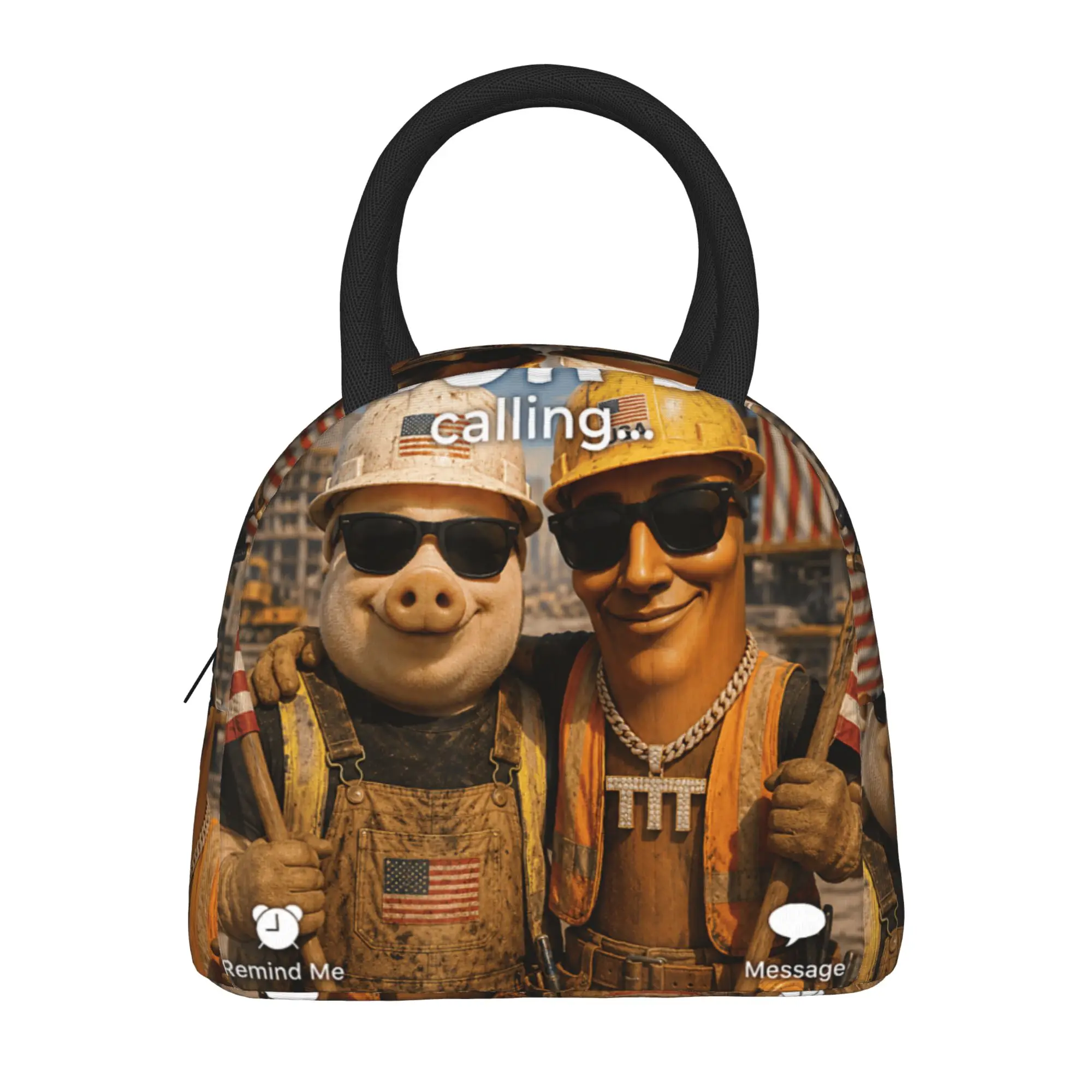 John Pork Tung Sahur Bro Proud Construction Worker Labor Day Lunch Bag  Retro Lunch Box For Child Office Portable Cooler Bag