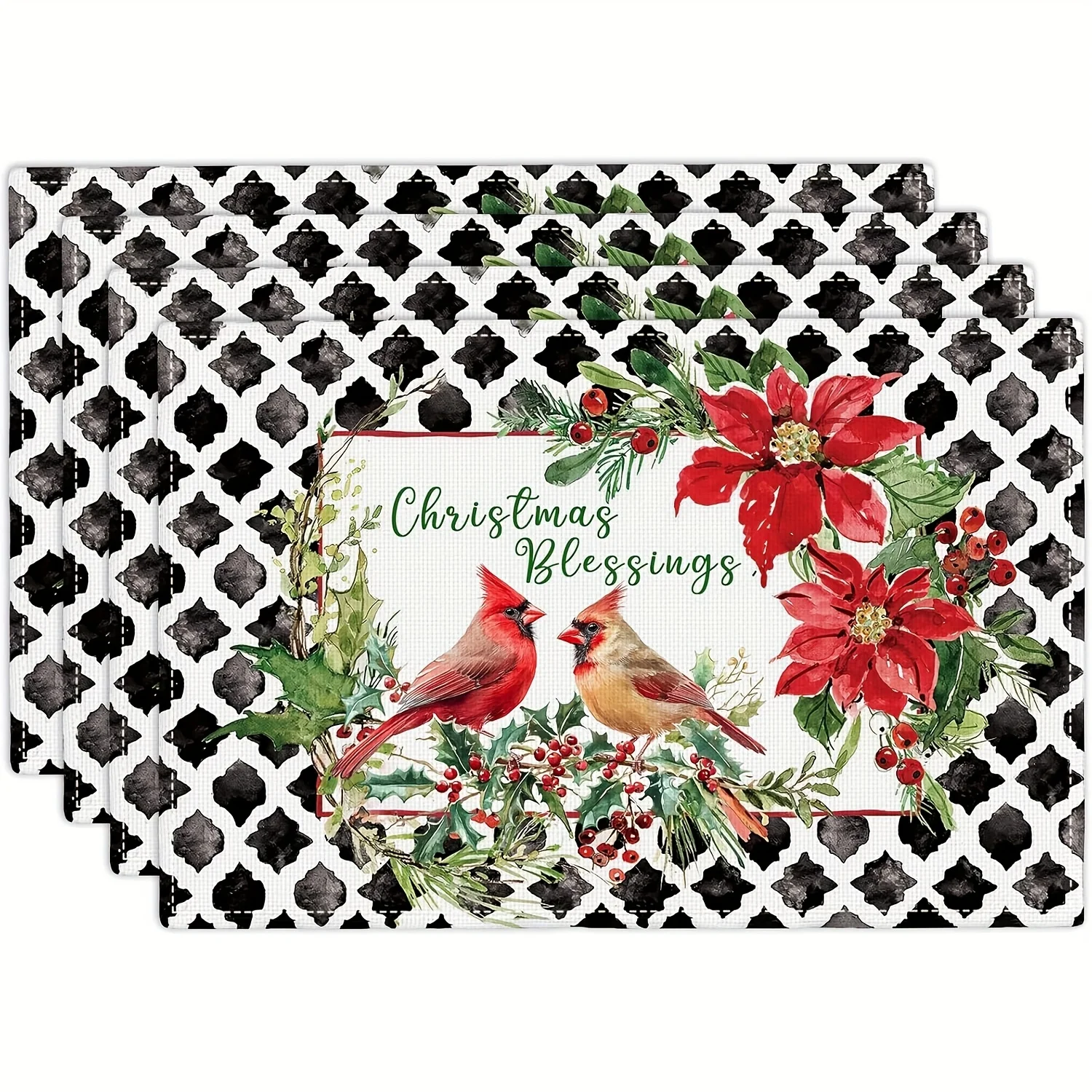 4/6/8pc Christmas Tree Merry Christmas Black Background Linen Placemats Elegant Holiday Kitchen Dining Table Decor