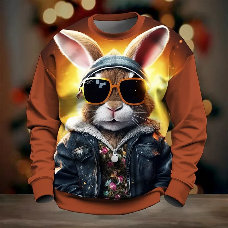 

3D Print Funny Rabbit Pattern Men's Crew Neck Sweatshirt Autumn Outdoor Casual Comfortable Long Sleeve Top Loose Stylish Clothes