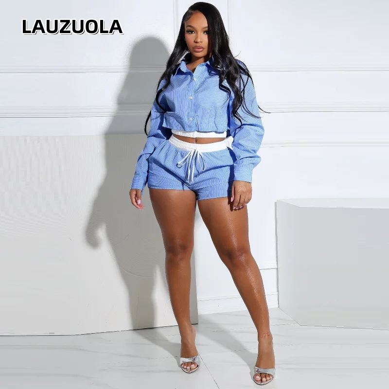Conjunto de 2 piezas de camisa y pantalones cortos de manga larga para mujer, conjunto a juego, nueva moda de otoño 2021, camisa corta a rayas azules elegante, traje corto