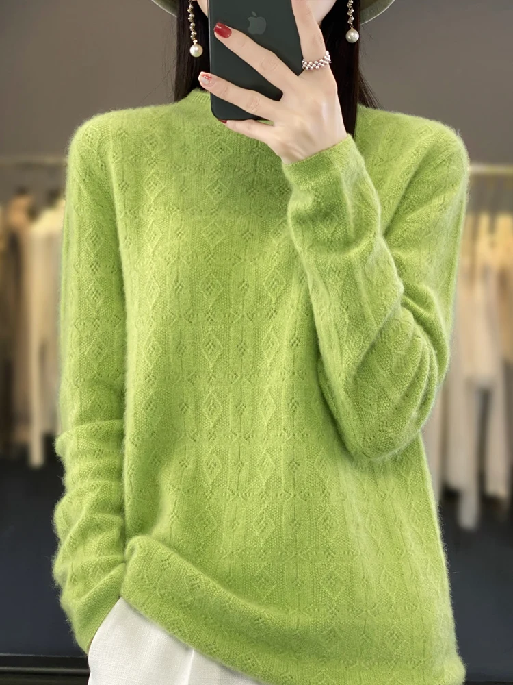 Women's Fall Winter 100% Merino Wool Sweater Half HighCollar Pullover Long Sleeve Knitted Outerwea Jacquard Knitt Jumper Fashion