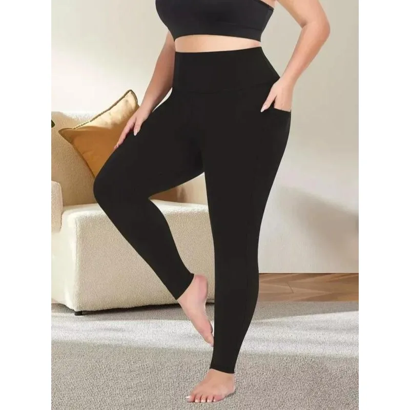 

Plus Size 1XL-5XL Womens Summer Solid Color High Waist Pants Elasticity Casual Leggings with Pockets Gym Workout Pants