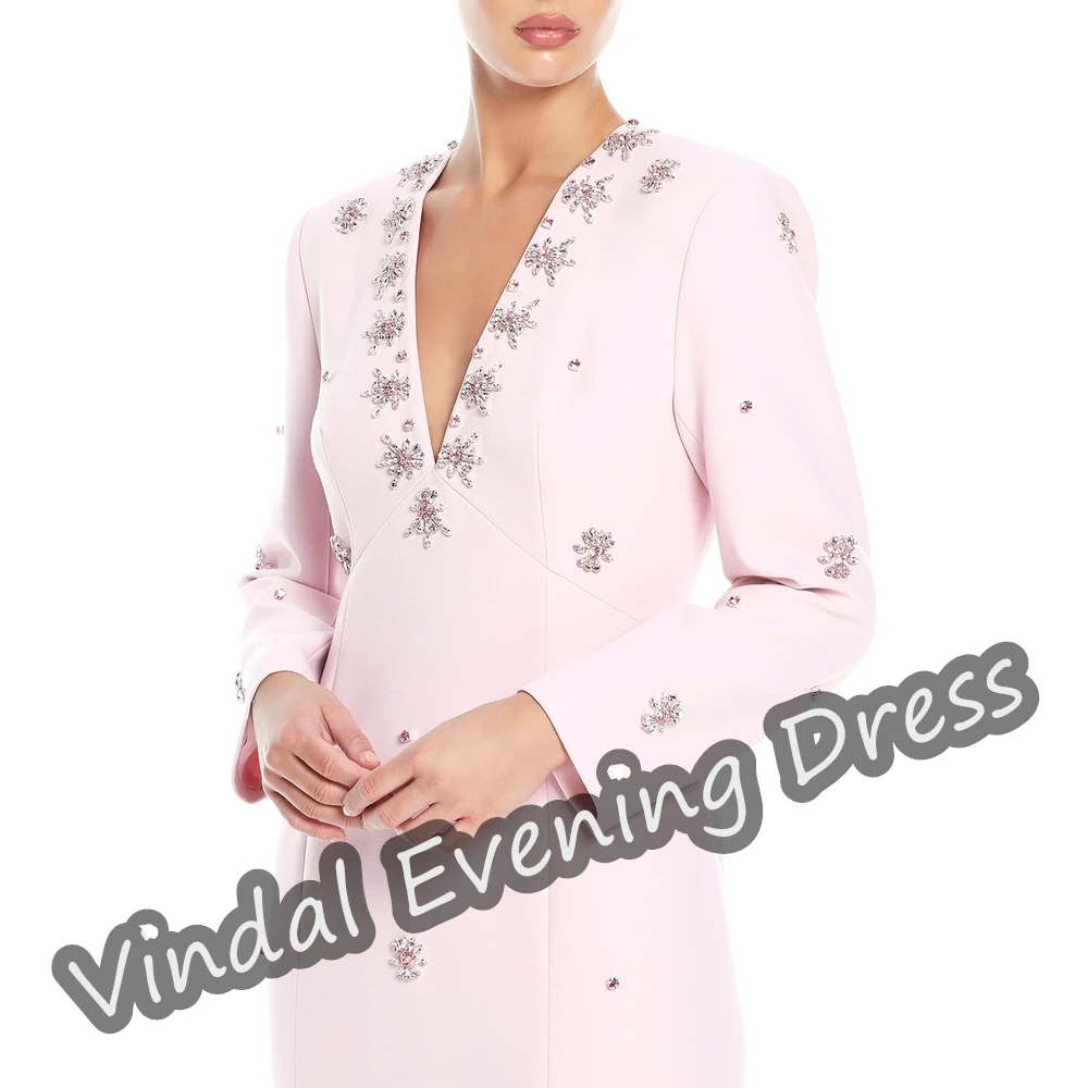 Vindal Evening Dress Tea Length V-neck Mermaid Elegant Zipper Up Built-in Bra Crepe Saudi Arabia Long Sleeves For Woman 2024