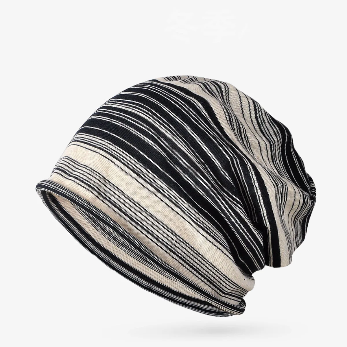 Spring Autumn Striped Slouch Beanie Women Large Head Cotton Knit Skull Cap Windproof Cuffed Thermal Stretchy Hat Kanye Style