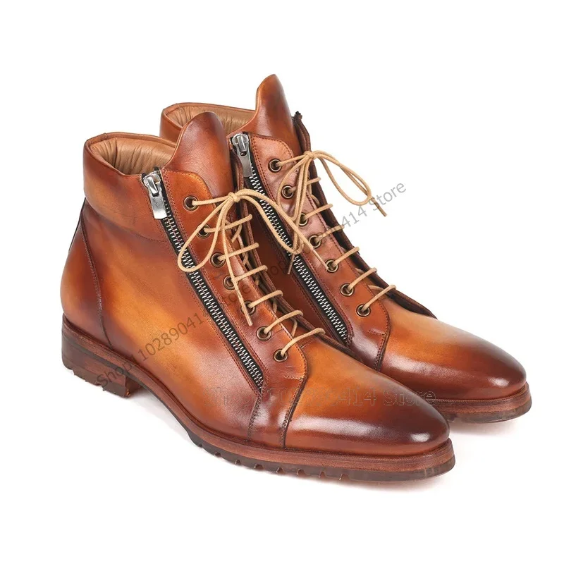 

Brown Gradient Color Zipper Decor Square Toe Boots Fashion Lace up Men Shoes Luxury Handmade Party Feast Banquet Men Dress Shoes