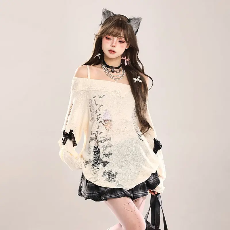 

Y2k Streetwear Vintage Butterfly Hole Knitted Pullover Autumn New Off Shoulder Sweaters American Top for Women 2025 Sueter Mujer