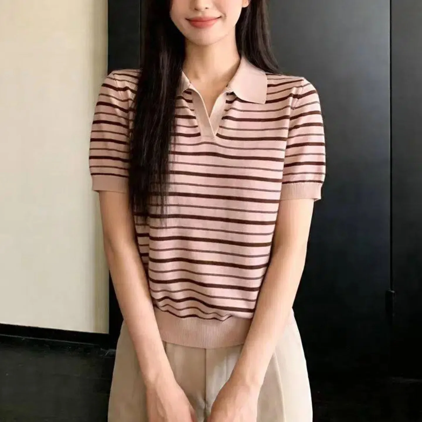 Summer Casual Striped Short Sleeve  Collar Unique Exquisite Shoulder T-Shirt Women Commute Top Breathable Moisture Wicking