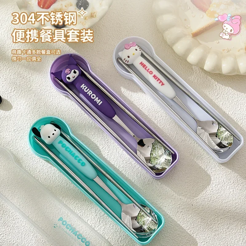 Anime Kawaii 304 Stainless Steel Sanrios Hellokittys Spoon Chopstick Box Cinnamoroll Spoon Cartoon Cute Portable Tableware Set