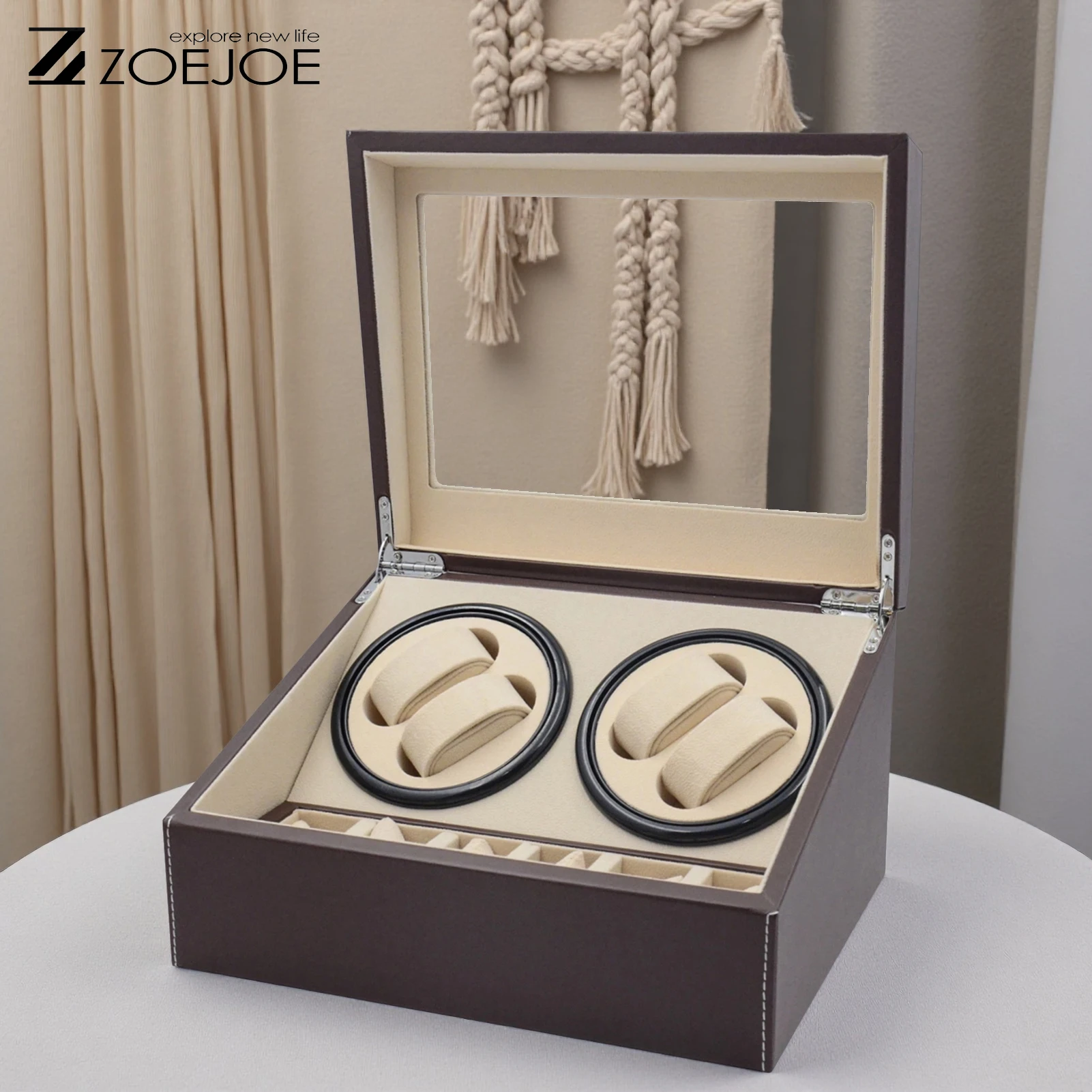 

ZOEJOE 4+6 Устройство для подзавода часов, из искусственной кожи, с вилкой стандарта США, бесшумный мотор, прозрачная крышка, коробка для хранения автоматических механических часов