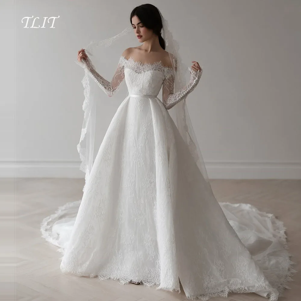 TLIT Luxuriöse A-Linie-Brautkleider aus Spitze, maßgeschneidert, trägerlos, فسات Adri Diego Diego Schulterfreie Brautkleider mit Spitzenbündchen