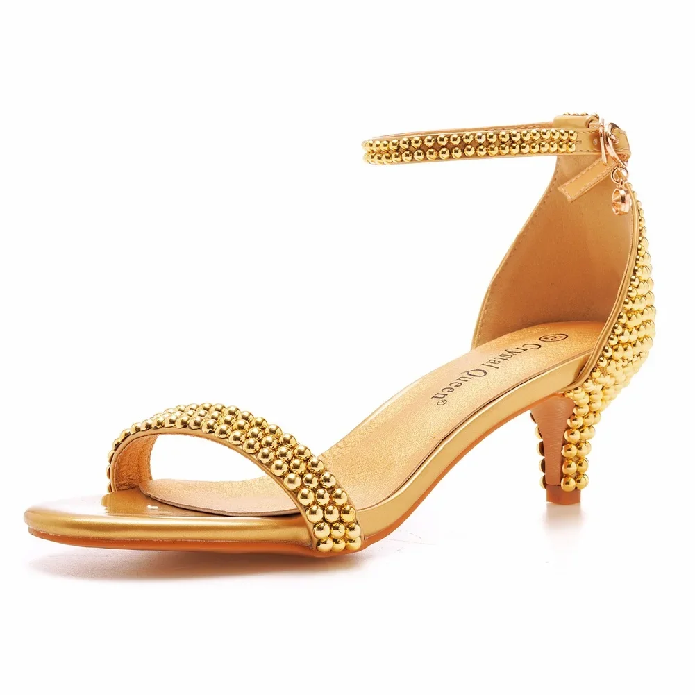 Foreign trade 5cm shallow mouth straight strap low heel high-heeled sandals gold pearl bridal banquet shoes