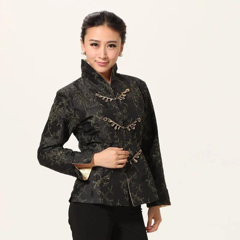 Women Elegant Coat Black Red Gold Thread Oriental Knot Button Design Jacket Tea Break Style Outfits Chinese New Year Clothes