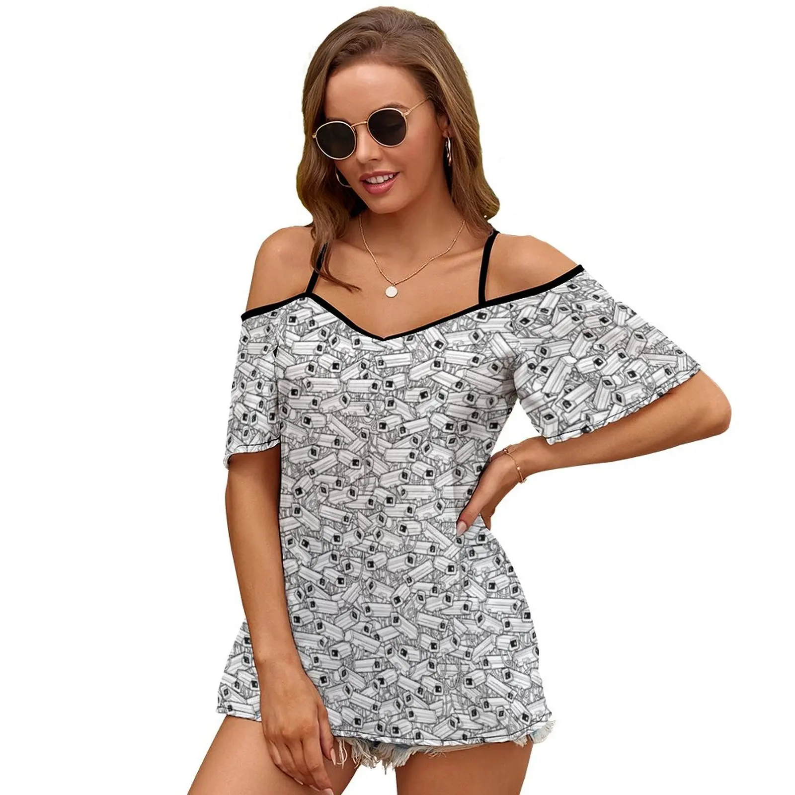 Surveillance Frenzy 2413 Women Print T Shirt Casual Off Shoulder Loose Pullover Tops Fashion Clothes Camera Surveillance