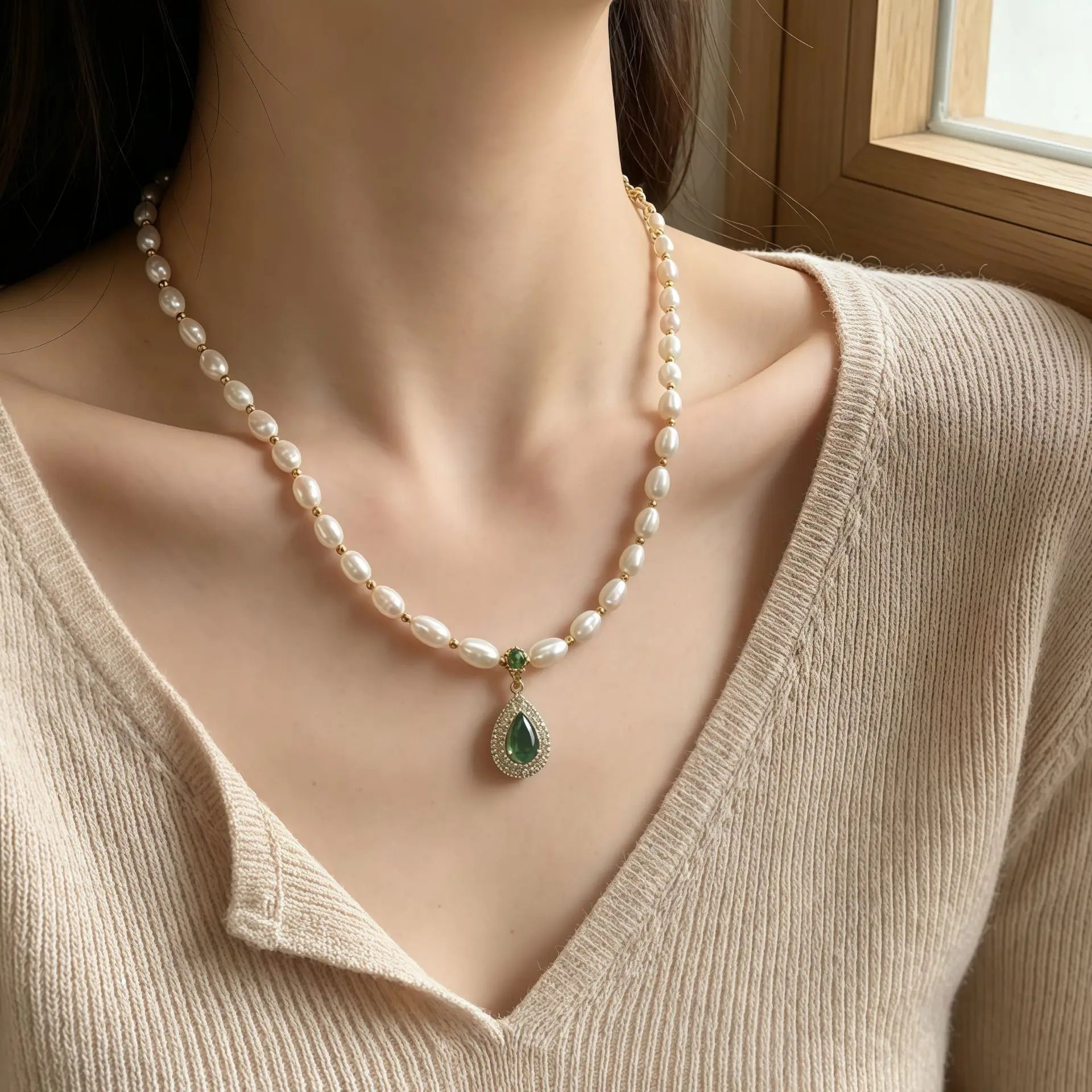 100 % natürliche Süßwasserperle und Wassertropfen-Smaragdstein, 14 Karat vergoldeter Damen-Anhänger, Halskette, Originalschmuck, Geburtstagsgeschenk – Detail 4