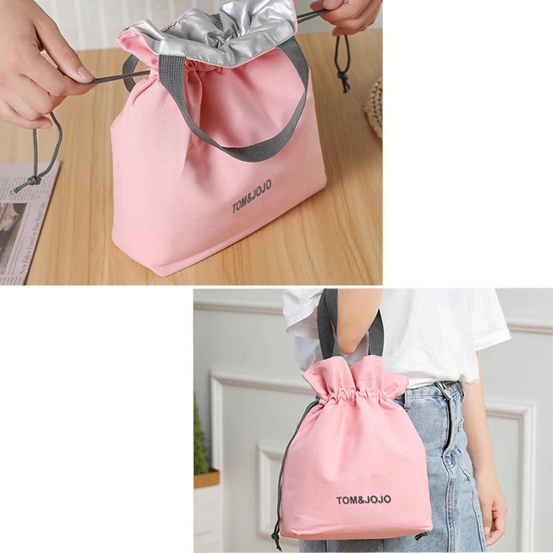Small Canvas Lunch Bag For Women Thermal Foldable Drawstring Tote Insulated Lunch Box Bag Food Storage for Work School Picnic