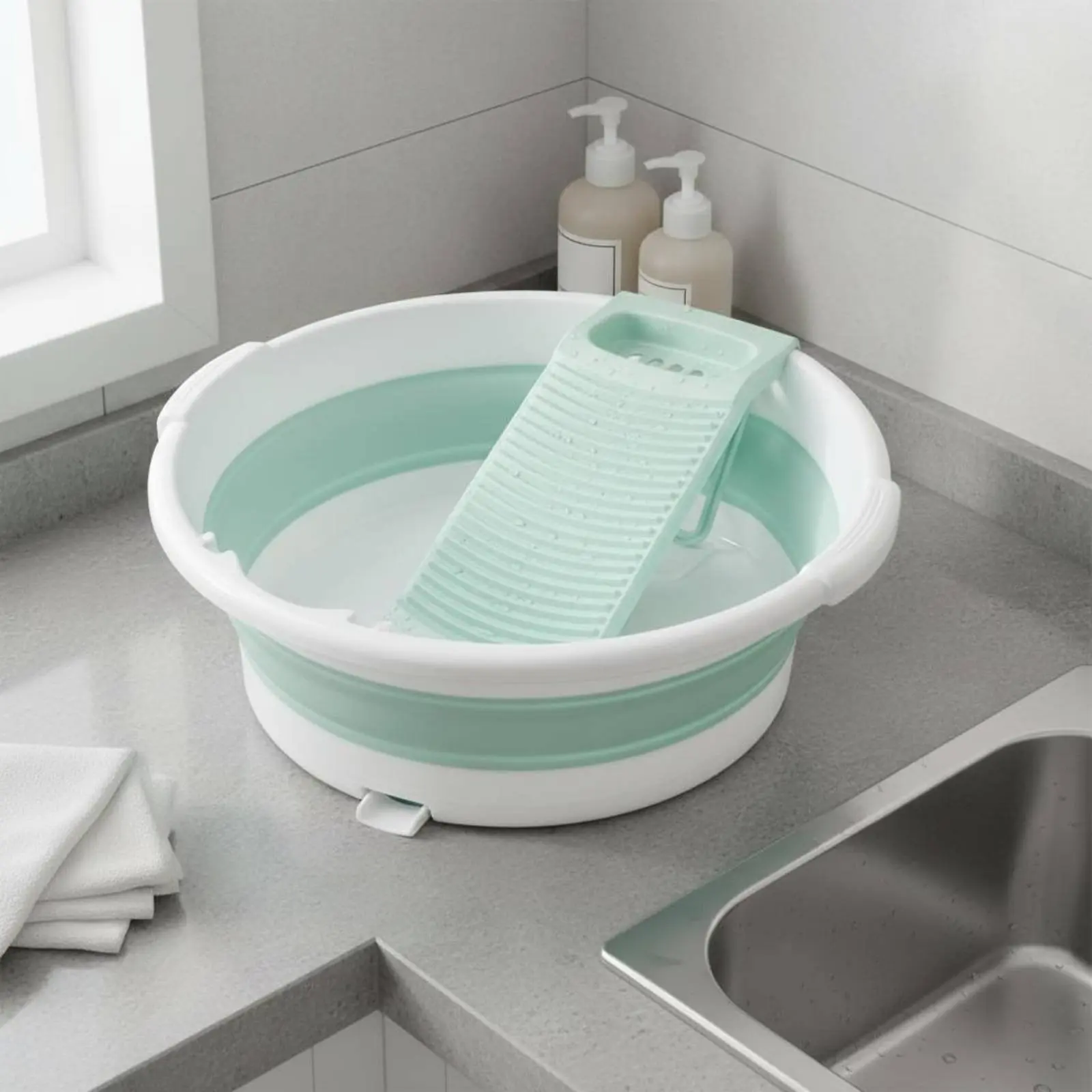 

Folding Laundry Tub with Washboard Easy Draining Portable Washboard Basin Foldable Wash Basin Drain Plug Hand Wash Station