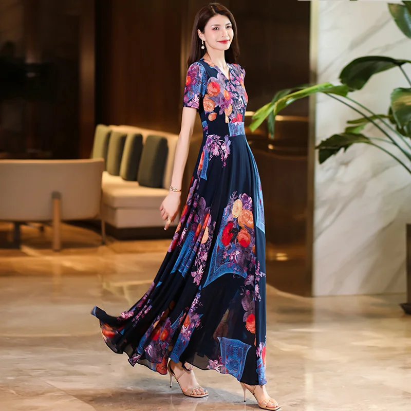 Boho Summer Chiffon Beach Maxi Dress Women Elegant V-neck Short Sleeve Flower Print Dance Evening Party Long Dress 2025 New