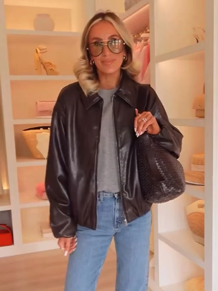 HH Women's Autumn Vintage New Faux Leather Pilot Lapel Collar Jacket Female Fashion Versatile Zipper Pocket Warm Casual Coat