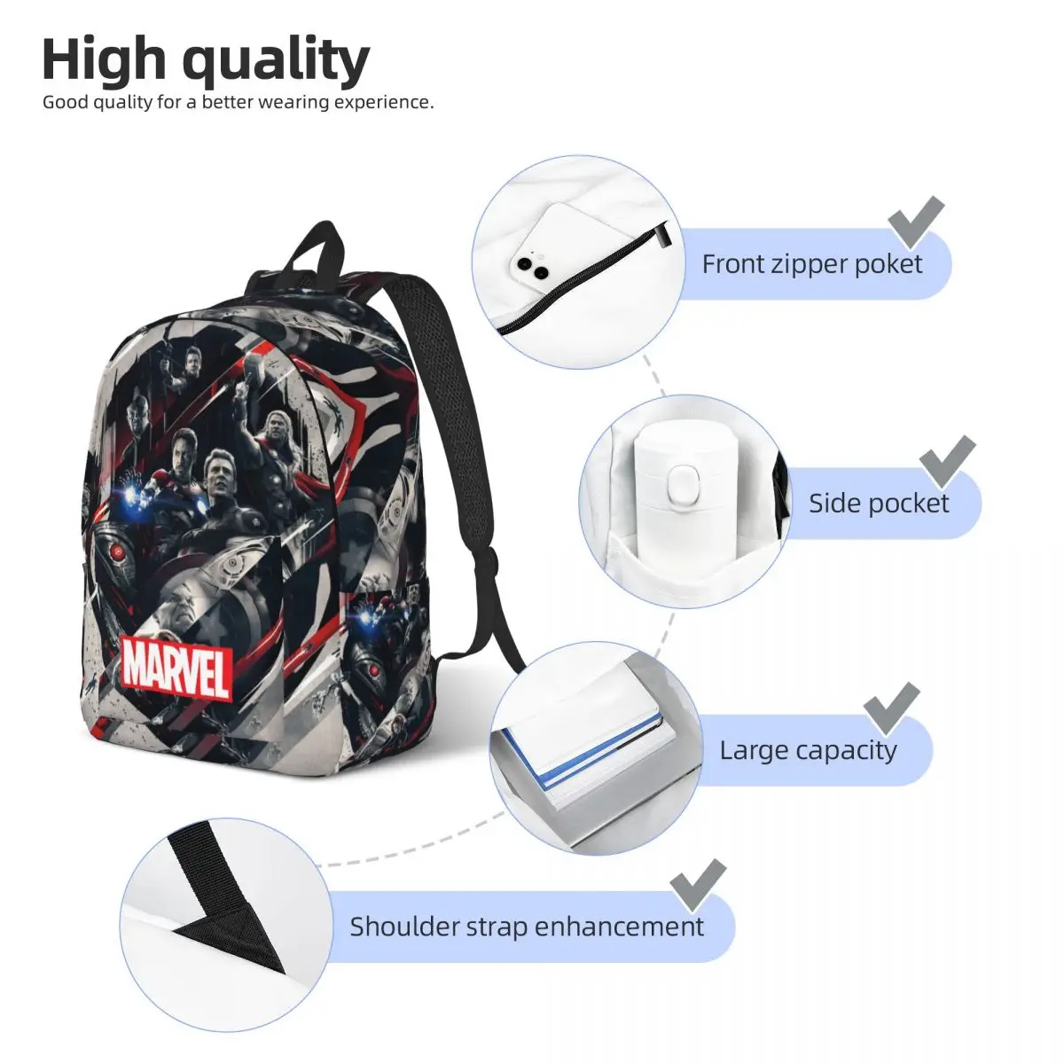 Sac à Dos d'Équipe Marvel Avenger pour Garçon, Cartable Multi-Compartiments, Utilisation Touristique, Randonnée, Rentrée Sв, Cadeau