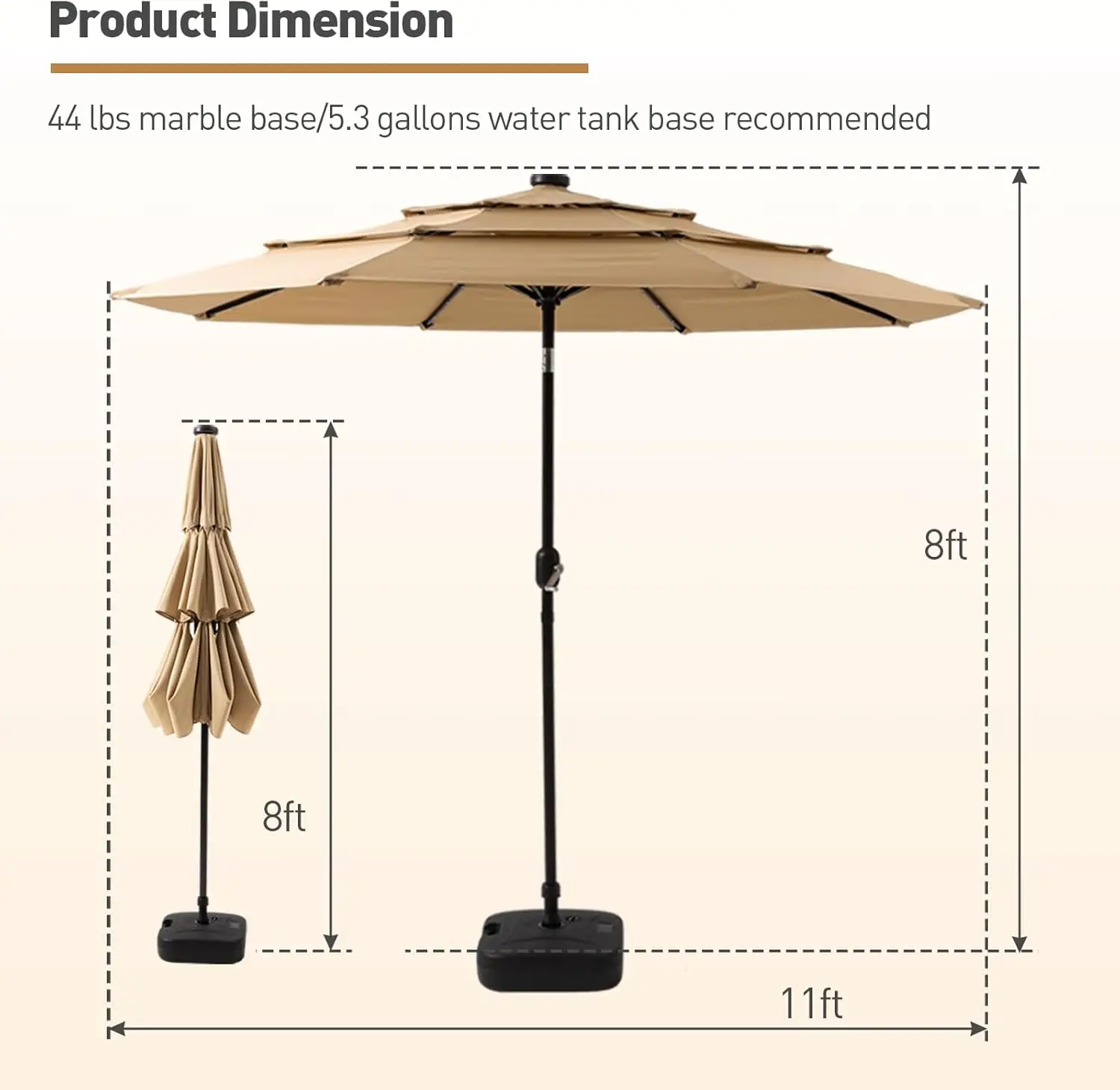 

11FT 3 Tiers Patio Umbrella for Outside, Outdoor Umbrella with Solar LED Lights, Market Patio Table Umbrella with 8 Sturdy Ribs