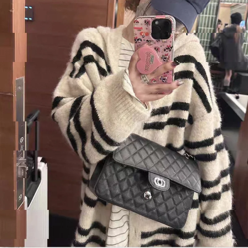 كوريا الجنوبية Dongdaemun الخريف جديد كسول فضفاض الصوف كتلة اللون مخطط مقنعين منتصف طول سترة مشغولة من الصوف المرأة #3