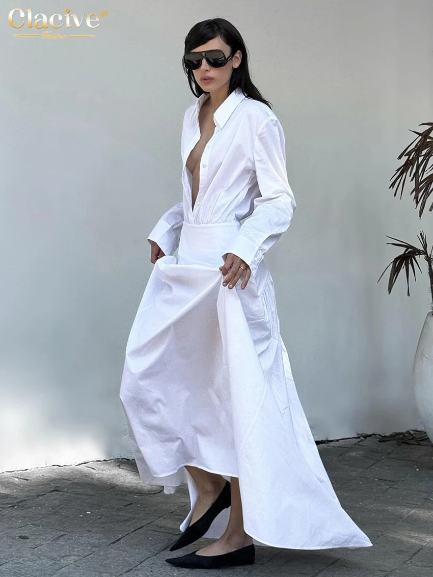 Clacive Fashion Loose White Cotton Women's Dress 2025 Casual Lapel Long Sleeve Ankle Length Dresses Elegant Classic Female Dress