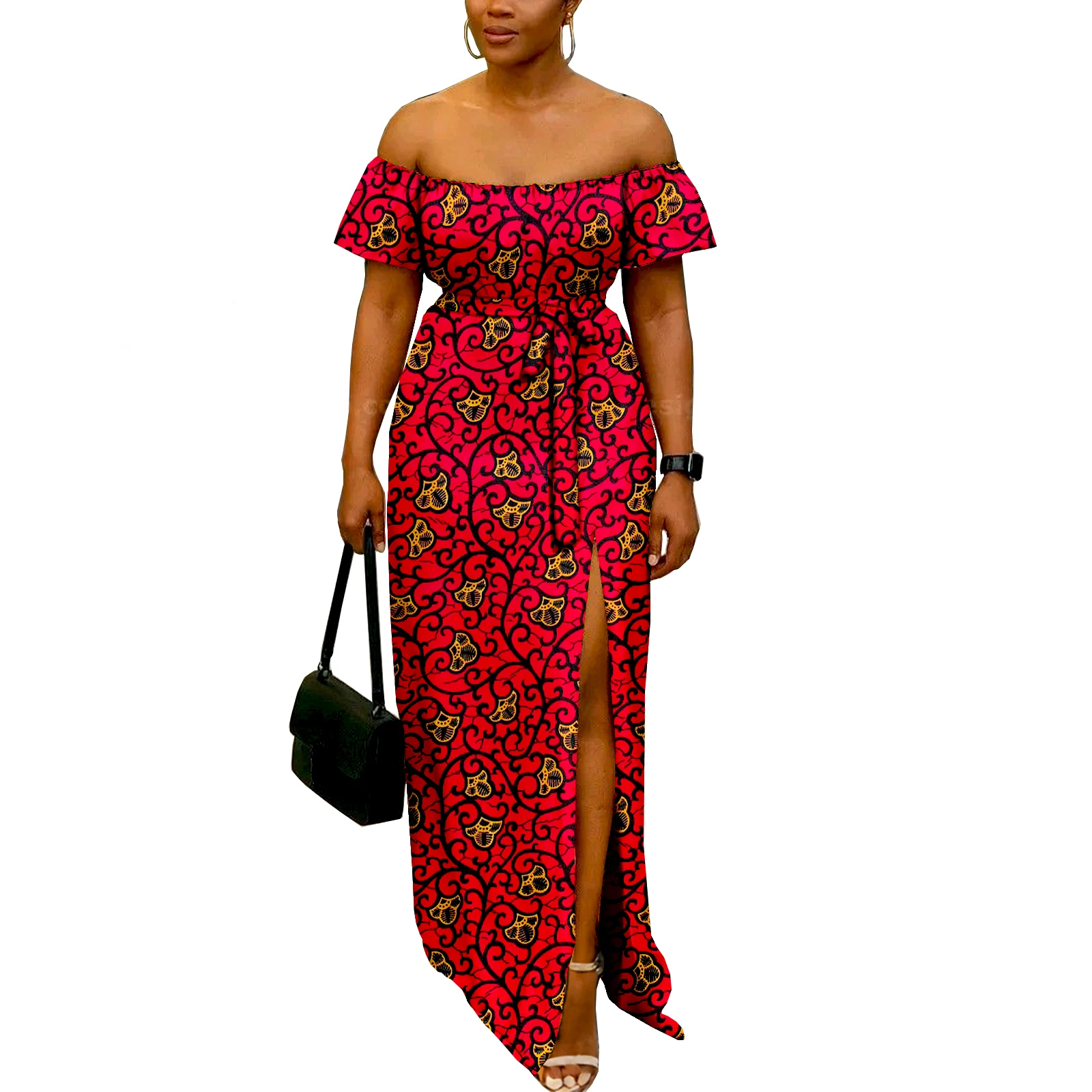 

SEA&ALP African Ankara Wax Print Off the Shoulder Maxi Dress for Women Party Wedding