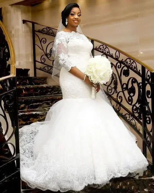 Maßgeschneiderte Vintage-Spitze-afrikanische Meerjungfrau-Brautkleider mit 3/4-Ärmeln, sexy Bateau-Ausschnitt, Applikationen, Perlen, formelle Brauthochzeit