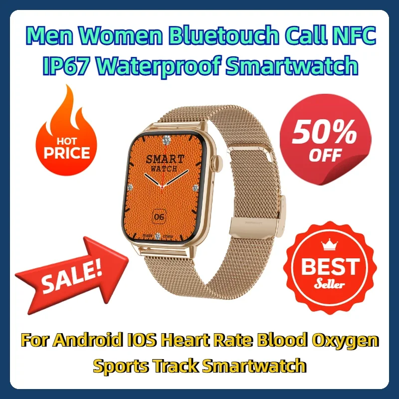 

For Android IOS Heart Rate Blood Oxygen Sports Track Smartwatch New Men Women Bluetouch Call NFC IP67 Waterproof Smartwatch