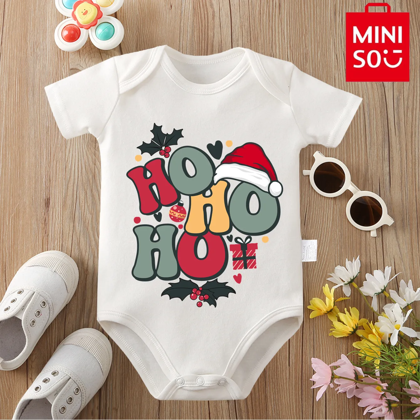 

100% хлопок MINISO, комбинезон с Рождеством и Санта-Клаусом, тканевый боди для милого новорожденного 0-12 месяцев, лучший подарок для ребенка