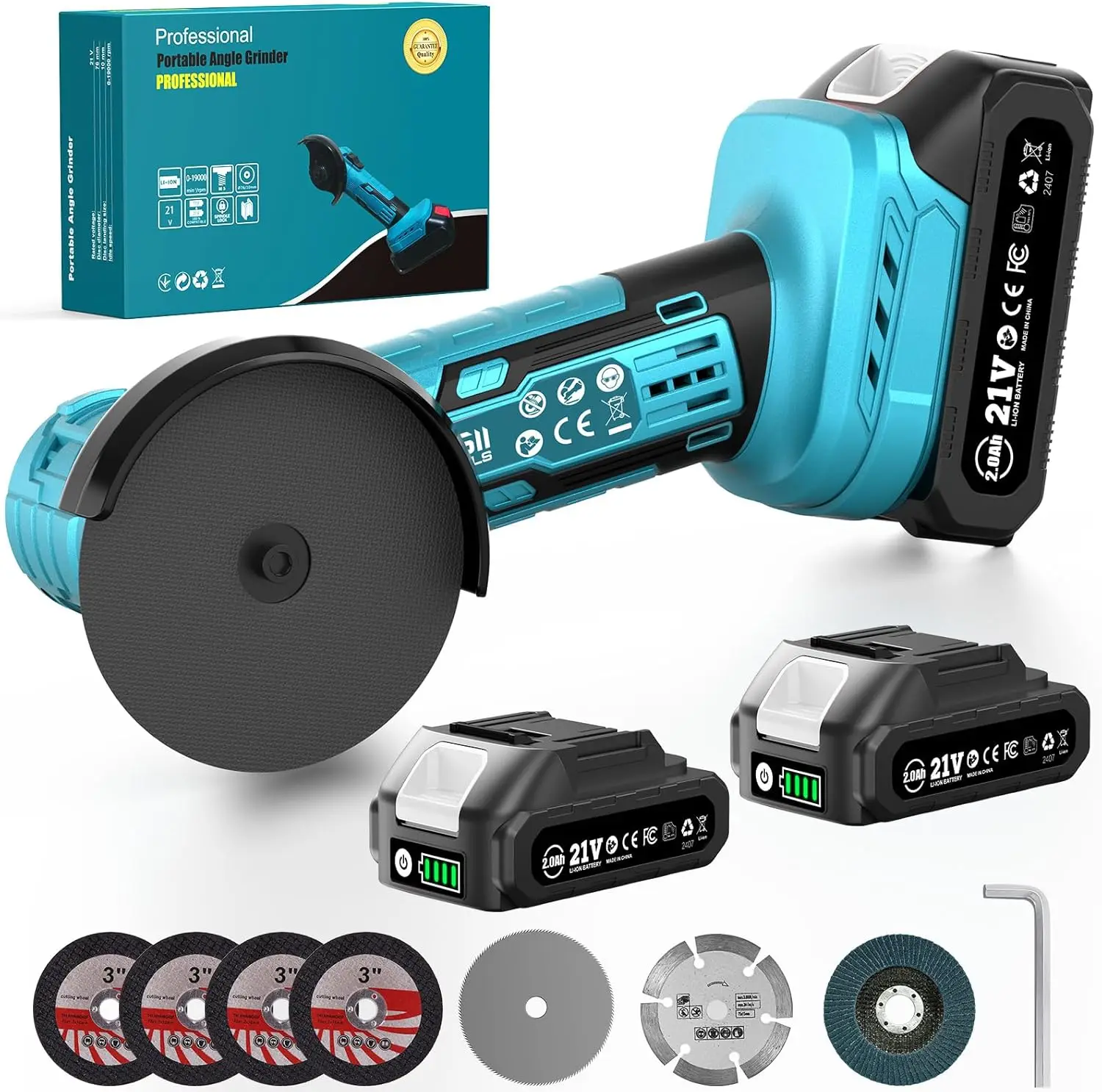 

3-Inch Cordless Angle Grinder 19000 RPM with 2 Batteries & 7 Discs for Metal Wood Polishing