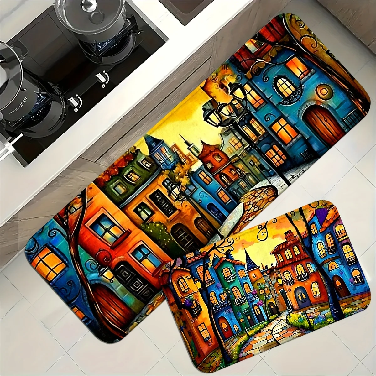 Vibrant Colorful Cityscape Pattern Kitchen Runner Mat for Cabinets and Counter Areas