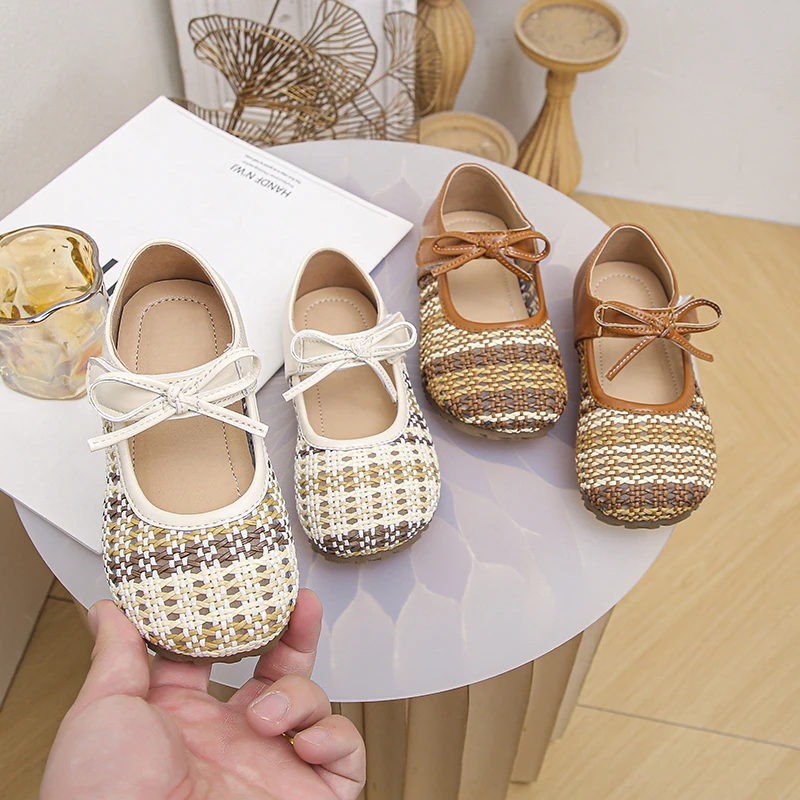 Toddler Girls Woven Mary Jane Flats Plaid Pattern Bow Flats with Adjustable Strap Non-Slip Soft Sole Kids Shoes for Outdoor Wear