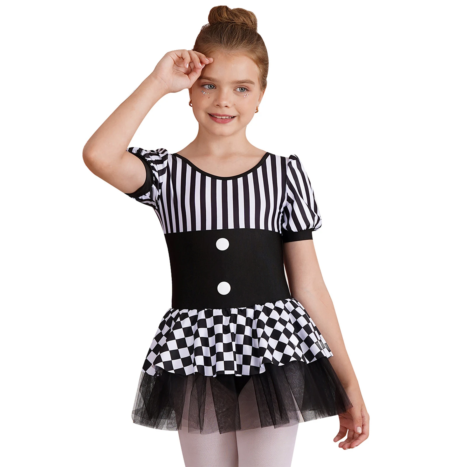 Kids Girls Halloween Circus Clown Cosplay Costume Short Sleeve Stripes Checkerboard Print Tutu Dress Leotard Ballet Dancewear