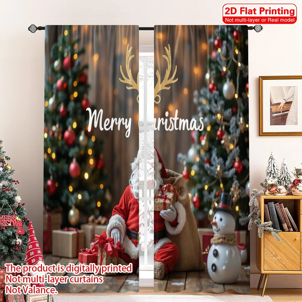 

2pcs 2D flat printing Merry Christmas Popular Curtain Merry Christmas Snowman Santa 100% Polyester Without Electricity Festive