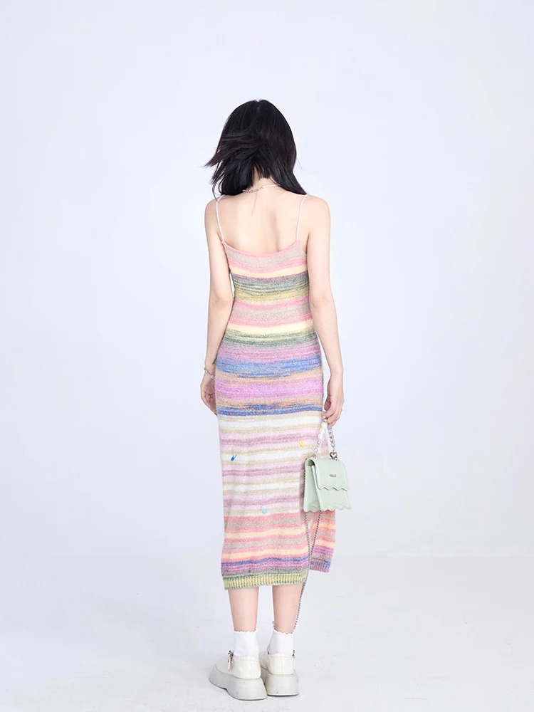 Strapskleid für Damen, Sommer, gestrickt, gestreift, Spice Girl, schlank, Hüfte, Wickel, gestreift, langes Kleid, 2025, neues sexy Kleid