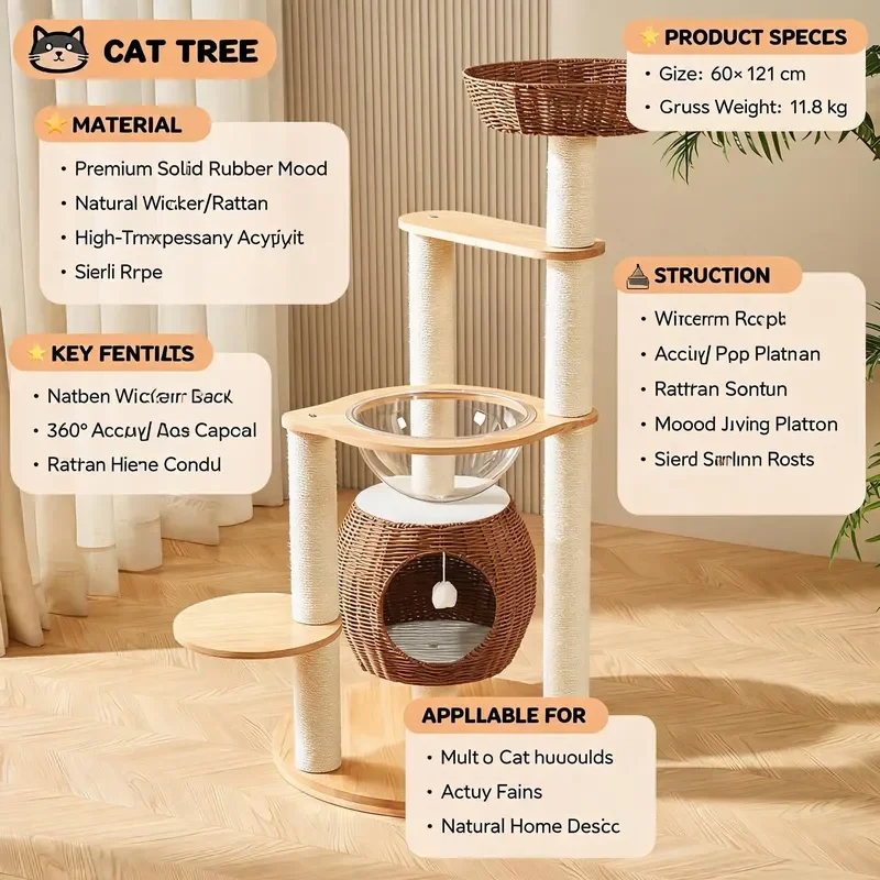 121cm Large Rubber Wood Cat Tree Luxury Classic Modern Wicker Rattan Multi Layer Tower Sisal Scratch Board Climbing Rack Easy