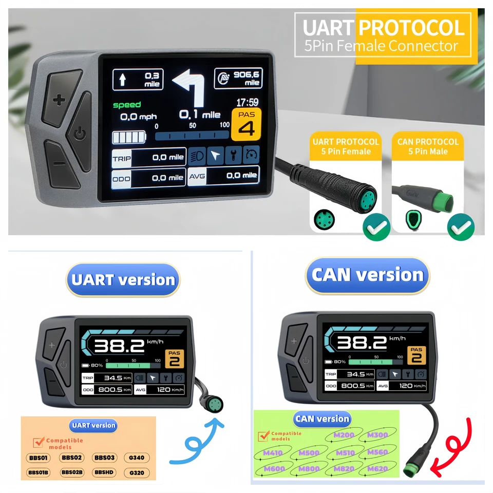 Produktbild von E-Bike Display EB04 Für Bafang M400/M500 – 3,5 Zoll IPS Farbdisplay – Bluetooth APP – GPS-Navigation – Typ-C Ladeanschluss – IP67 Wasserdicht – CAN-Protokoll