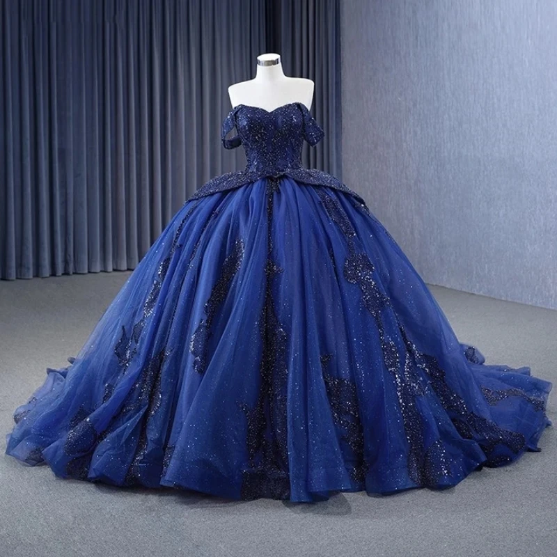 

Navy Blue Quinceanera Dresses Ball Gown Flower Vestidos De 15 Años Sexy Sweetheart Beads Applique Lace Evening Party Dress